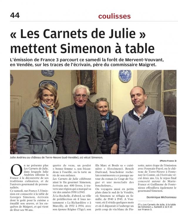 LA NOUVELLE REPUBLIQUE - « Les Carnets de Julie » mettent Simenon à table - 6 juin 2020