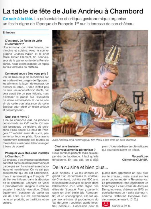 OUEST FRANCE - "La table de fête de Julie Andrieu à Chambord" - 12 décembre 2018