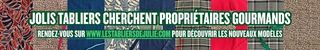 Visuel présentant différents tissus et une annonce pour découvrir les nouveaux modèles de tabliers sur lestabliersdejulie.com.
